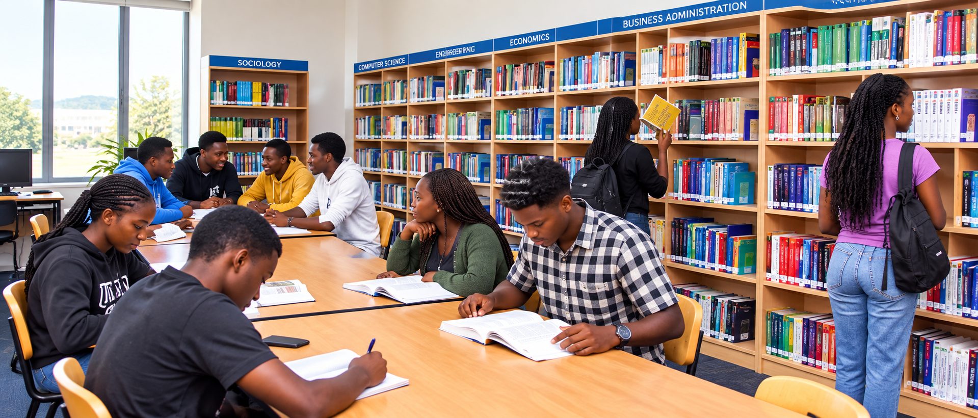 Students reading and working together at long tables in the library reading hall